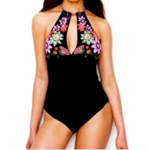 NEW Anne Cole Two Piece Swimsuit High Neck Halter Tankini Floral Details Size XS